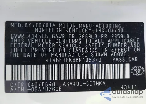 2011 Toyota Camry Le z USA, uszkodzony, nr VIN 4T4BF3EK8BR105370